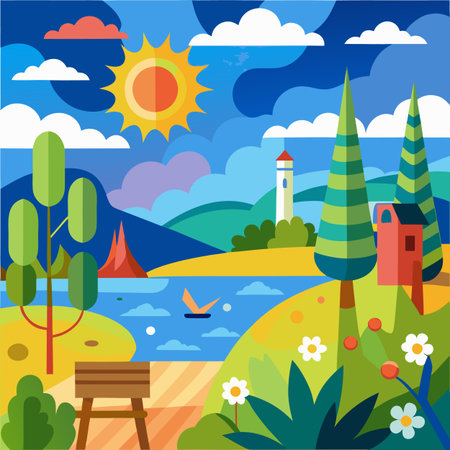 Summer landscape in flat style. Landscape with lake, mountains, trees and house.のイラスト素材