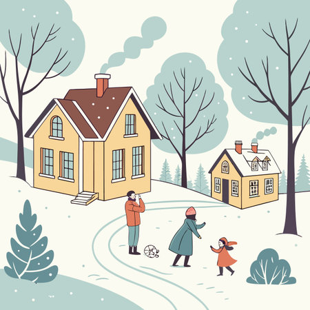 A heartwarming illustration of a family enjoying a snowy day near their cozy homes, capturing the essence of winter fun and togetherness.のイラスト素材