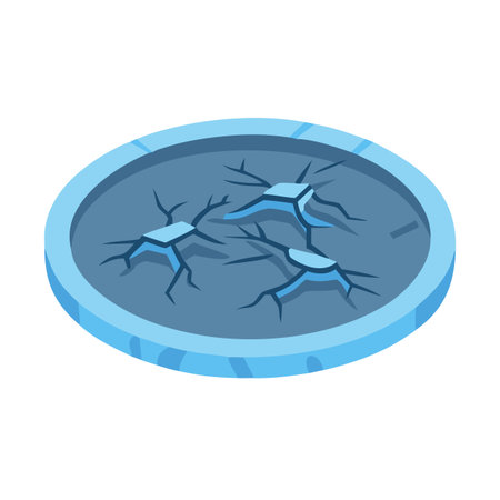 Isometric illustration of a cracked ice pond with a blue border, showing the effects of freezing and thawing.のイラスト素材