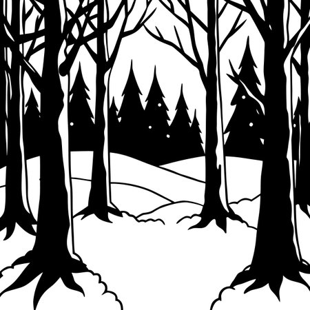 A monochrome illustration of a winter forest with snow-covered ground, bare trees in the foreground, and evergreen trees in the background.のイラスト素材
