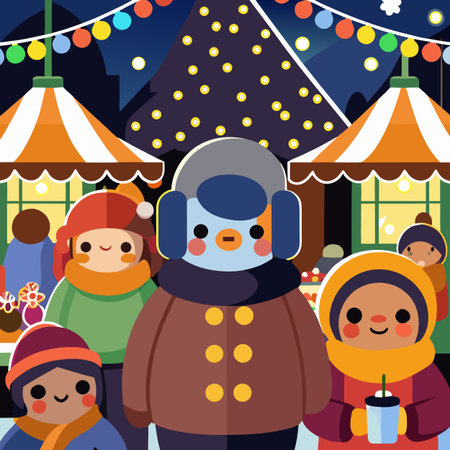 A vibrant cartoon illustration of a Christmas market with people enjoying the festive atmosphere, featuring colorful tents, a decorated tree, and cheerful characters in winter attire.のイラスト素材