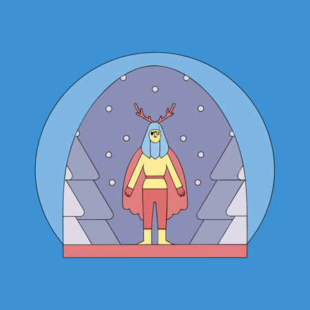 A stylized illustration features a figure with antlers in a snow globe, surrounded by snowy trees and falling snowflakes, set against a blue background.のイラスト素材