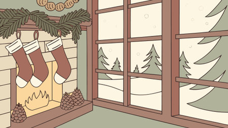 Illustration of a Christmas window with a fireplace and christmas socksのイラスト素材