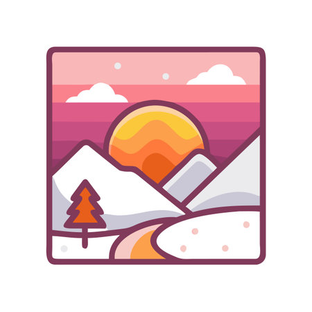 A charming cartoon illustration of a winter sunset landscape, featuring snow-capped mountains, a winding path, and a solitary pine tree.のイラスト素材