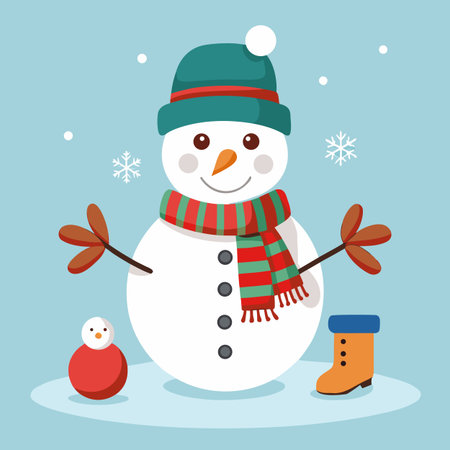 Snowman with scarf and hat on blue background. Vector illustration.のイラスト素材
