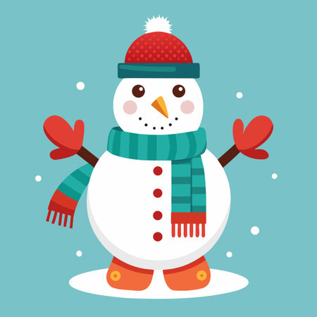 A delightful snowman illustration featuring a red hat, striped scarf, mittens, and carrot nose, set against a light blue background with falling snow.のイラスト素材