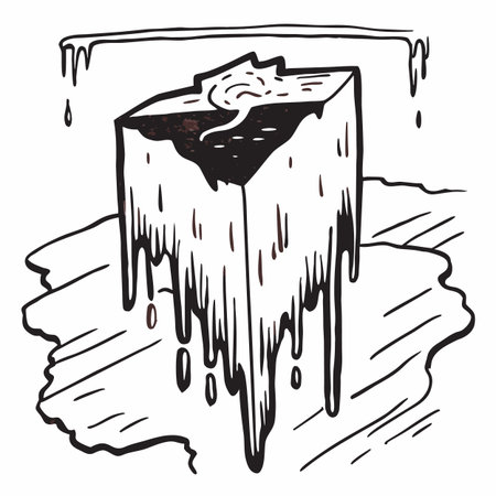 A black and white illustration of a melting ice cube with water dripping down, creating a puddle below.のイラスト素材