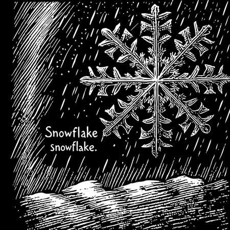 A detailed black and white illustration featuring a snowflake amidst falling snow, capturing the essence of winters delicate beauty and the unique patterns of snowflakes.のイラスト素材