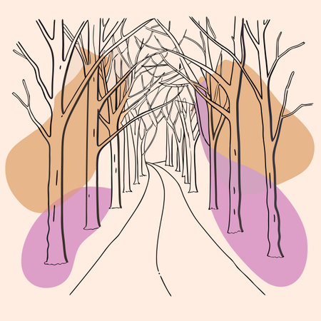 A minimalist illustration of a road lined with bare trees in winter, featuring pastel color accents for a modern and artistic touch.のイラスト素材