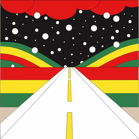 A vibrant illustration featuring a white road leading towards a starry night sky, framed by colorful hills and a red cloudscape.のイラスト素材