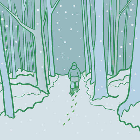 A lone figure walks away on a snowy path through a forest of tall trees, depicted in a simple, stylized illustration with a cool color palette.のイラスト素材