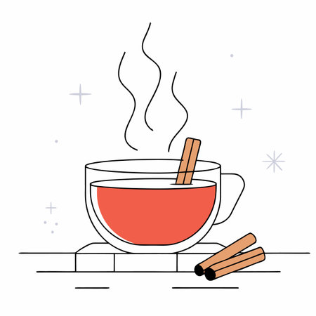 A minimalist illustration of a steaming cup filled with a warm, reddish drink, garnished with cinnamon sticks, perfect for a cozy and inviting feel.のイラスト素材