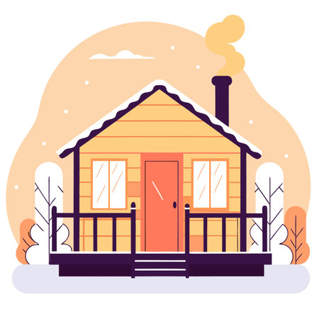A charming illustration of a winter cabin with snow on the roof and smoke rising from the chimney, set against a soft, snowy backdrop.のイラスト素材