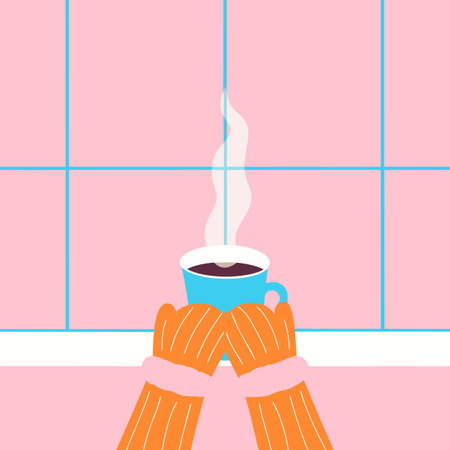 Illustration of hands in orange gloves holding a steaming blue coffee cup in a pink room with tiled walls, creating a cozy and comforting scene.のイラスト素材
