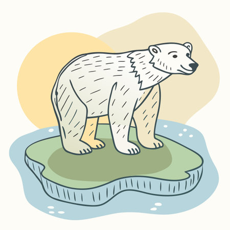 Illustration of a polar bear standing on a melting ice floe, symbolizing the impact of climate change on arctic wildlife and their habitat.のイラスト素材