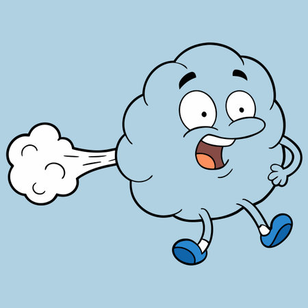 A cartoon illustration of a cloud character with a scared expression, running away while emitting a fart cloud.のイラスト素材
