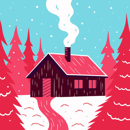A charming illustration of a winter cabin nestled in a snowy forest, with smoke rising from the chimney, evoking a sense of warmth and tranquility.のイラスト素材