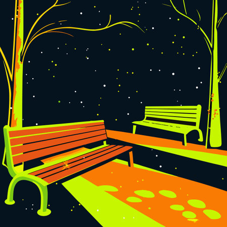 Bench in the park at night. Vector illustration in flat style.のイラスト素材