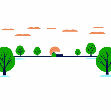 A minimalist landscape illustration featuring green trees, orange clouds, and a setting sun, creating a serene and peaceful scene.のイラスト素材