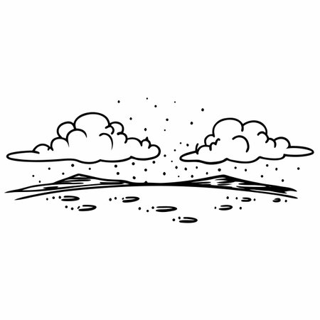 A simple black and white illustration of a landscape featuring clouds, a horizon line, and footprints in the sand, evoking a sense of solitude and nature.のイラスト素材