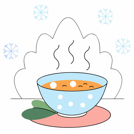 A charming illustration of a bowl of hot soup, perfect for a winter theme. Features snowflakes, steam, and a cozy aesthetic.のイラスト素材