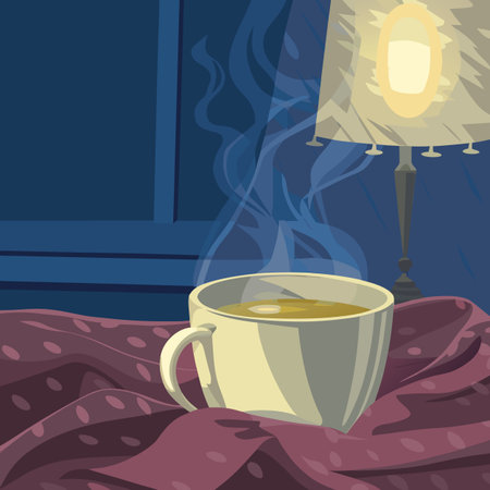A warm cup of tea sits on a blanket next to a bedside lamp, creating a cozy and relaxing atmosphere in a dimly lit room.のイラスト素材