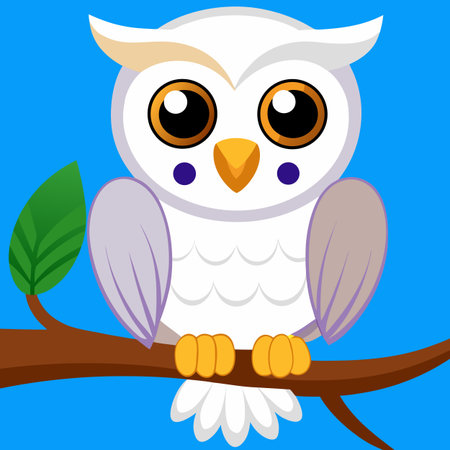 A charming cartoon illustration of a white owl with big eyes, perched on a brown branch with a green leaf against a blue background.のイラスト素材