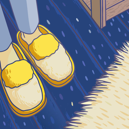 A cartoon illustration featuring a pair of yellow and white slippers on a blue rug, evoking a sense of comfort and relaxation.のイラスト素材
