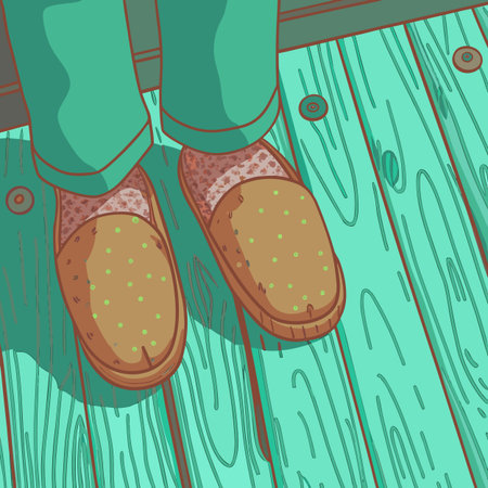 A person wearing comfortable slippers stands on a wooden floor, capturing a moment of relaxation and domesticity in a simple, illustrative style.のイラスト素材