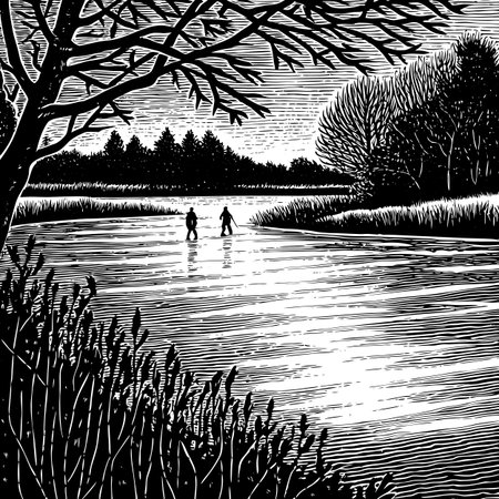 A black and white woodcut illustration depicting two figures walking on water, surrounded by trees and reeds, under a bright sky.のイラスト素材