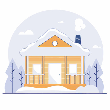 A charming illustration of a winter cabin nestled in a snowy landscape, perfect for holiday cards or seasonal designs.のイラスト素材