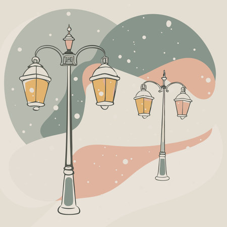 A charming illustration featuring vintage street lamps amidst a gentle snowfall, set against an abstract backdrop of muted colors and shapes.のイラスト素材