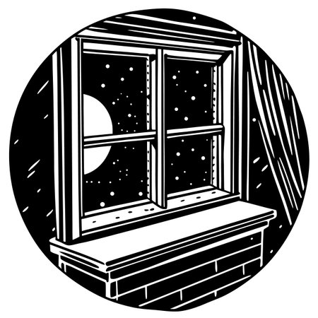 A black and white illustration of a window view at night, featuring a moon, stars, and falling snow, creating a peaceful winter scene.のイラスト素材