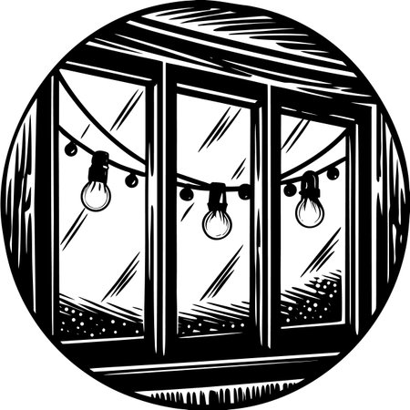 A woodcut style illustration of a window with string lights hanging across it, creating a cozy and inviting atmosphere.のイラスト素材