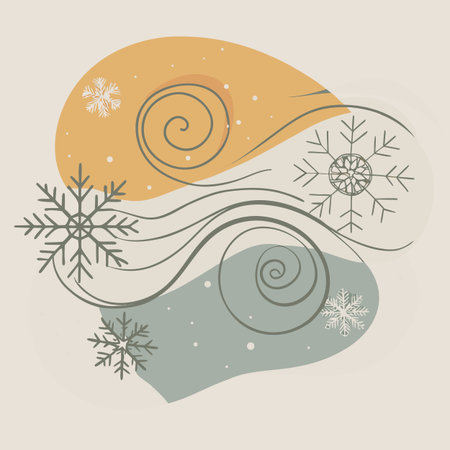 A whimsical winter illustration featuring snowflakes, swirling wind lines, and abstract shapes in muted colors, evoking a sense of cold and seasonal charm.のイラスト素材