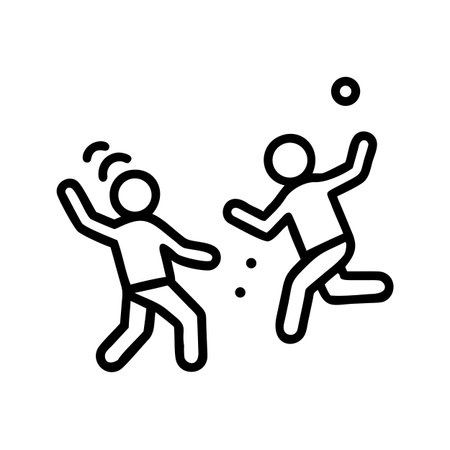 Two stick figures are depicted playing with a ball, rendered in a clean, minimalist line art style. The image conveys movement and interaction.のイラスト素材