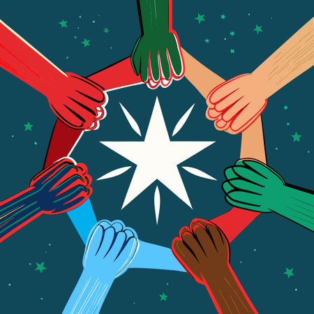 Hands of diverse people with star in the center. Vector illustration.