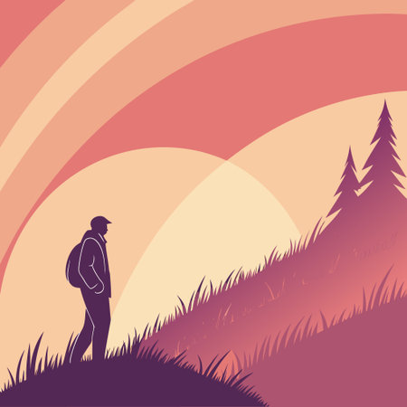 Man with backpack in the meadow at sunset. Vector illustration.