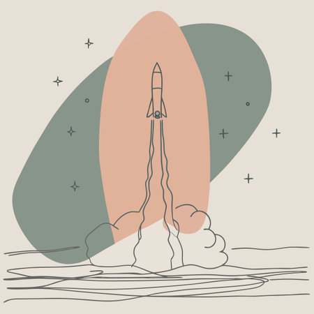 Rocket launch into space. Vector illustration in trendy linear style. Space travel.のイラスト素材