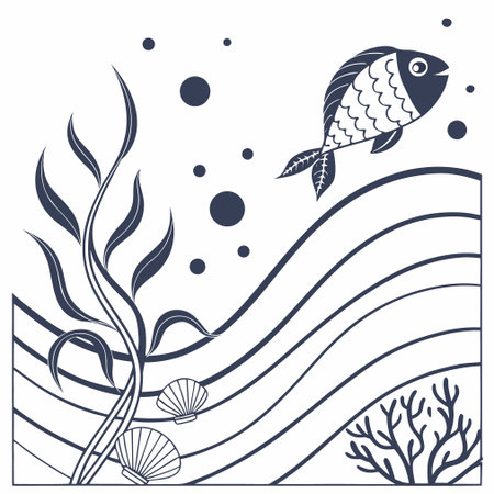 Underwater world. Fish, seaweed and shell. Vector illustrationのイラスト素材