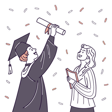 Happy graduate students holding diplomas. Vector illustration in cartoon style.のイラスト素材