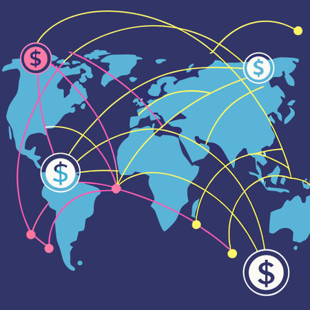 Abstract global network illustration representing financial connections and worldwide data transfer.のイラスト素材