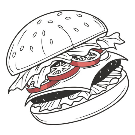 A colorful and appetizing flat vector illustration of a hamburger, great for food menus, restaurant branding, and fast food themes.のイラスト素材
