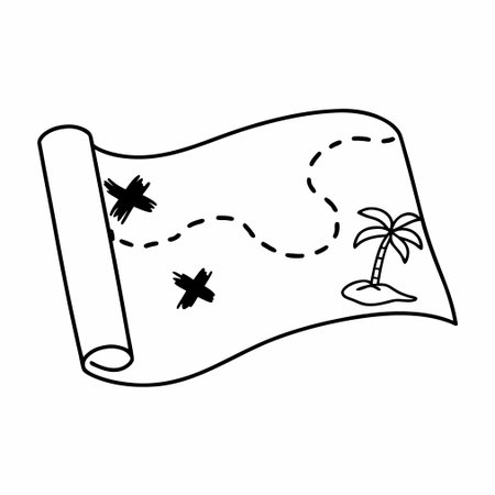A minimal flat illustration of a treasure map with an 'X' marking the spot, perfect for adventure and travel themes.のイラスト素材