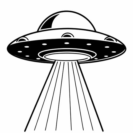 Minimalist flat vector graphic of a UFO spacecraft, representing space travel, mystery, and science fiction.のイラスト素材