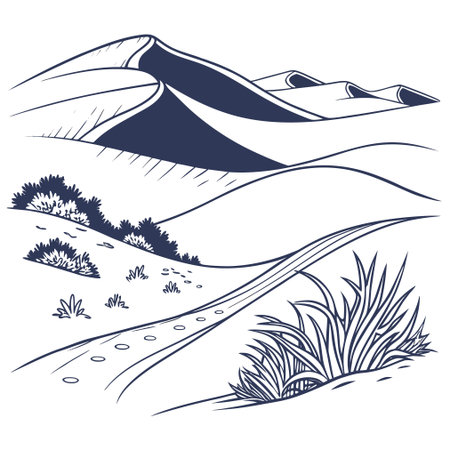 Clean flat illustration of rolling sand dunes in a desert, perfect for background elements and environmental concepts.のイラスト素材