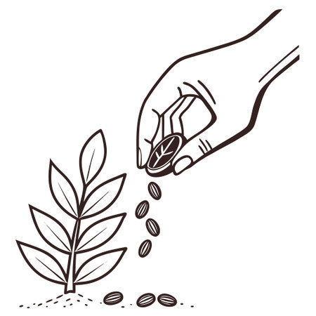 Ecology concept illustration showing a hand carefully holding a small growing plant with leaves.のイラスト素材