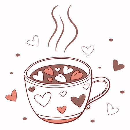 A clean vector illustration showing a steaming mug of hot chocolate with small marshmallows on top.のイラスト素材