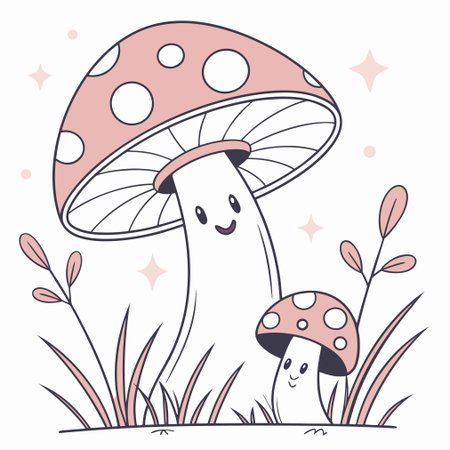 Colorful garden mushroom graphic suitable for fantasy themes and woodland decorations.のイラスト素材
