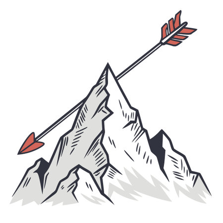 A flat vector icon depicting an arrow flying through a mountain peak, illustrating precision, results, and conquering difficulties.のイラスト素材